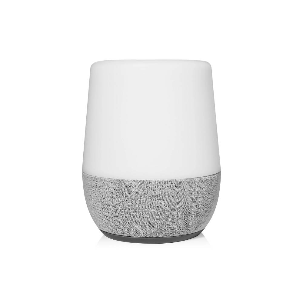 White noise baby soother with white top and textured gray bottom on a white background