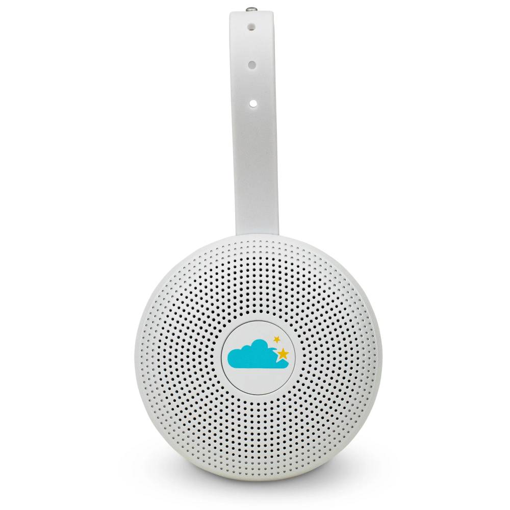 Portable baby soother with a blue and yellow logo on a white background