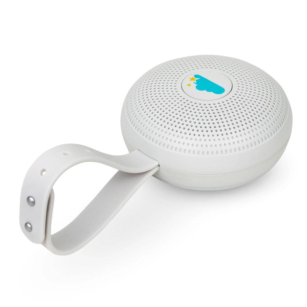 White portable baby soother with a strap on a white background