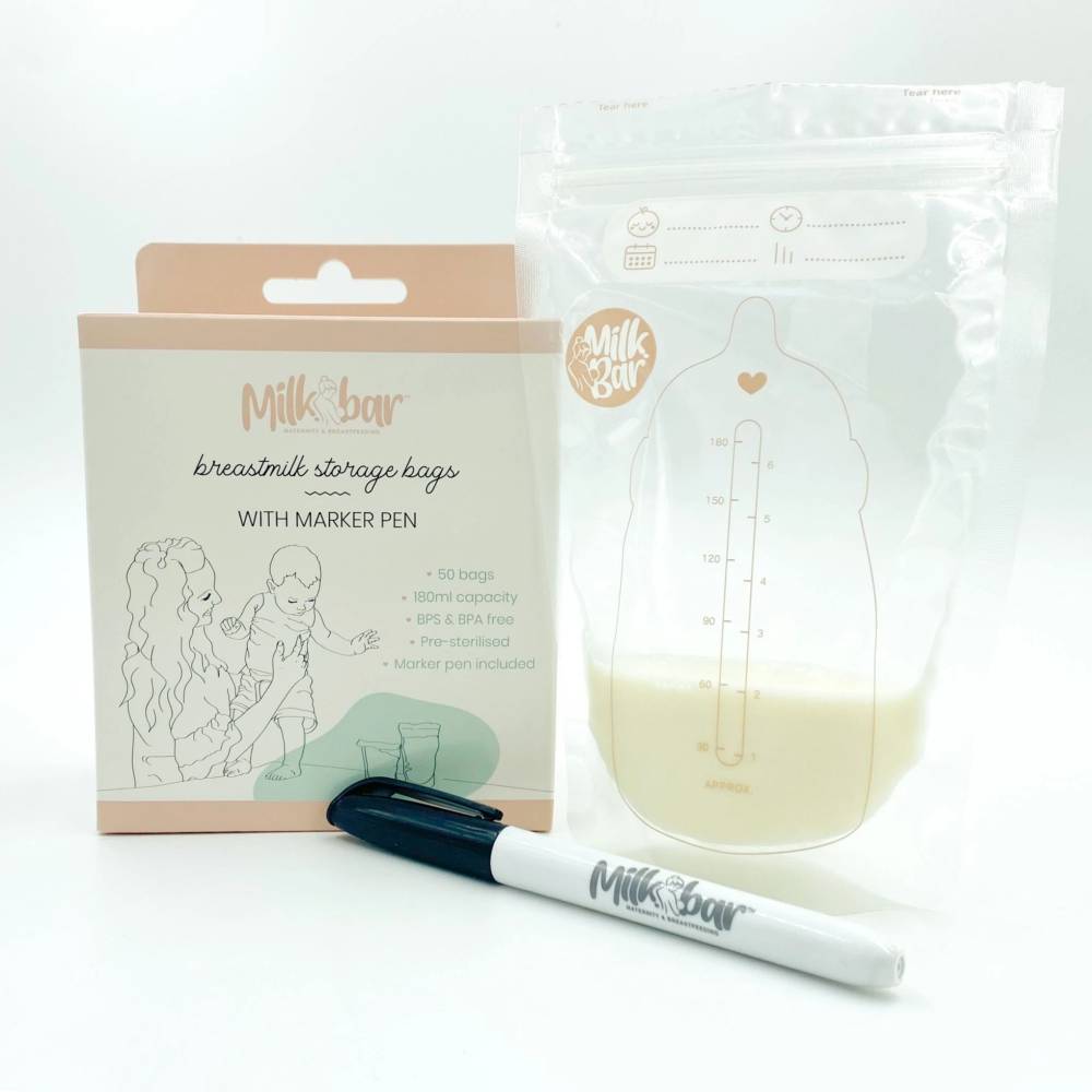 Milk bar breastmilk storage bags set, featuring a clear storage bag with milk inside, a marker pen, and the retail packaging box on a white background.
