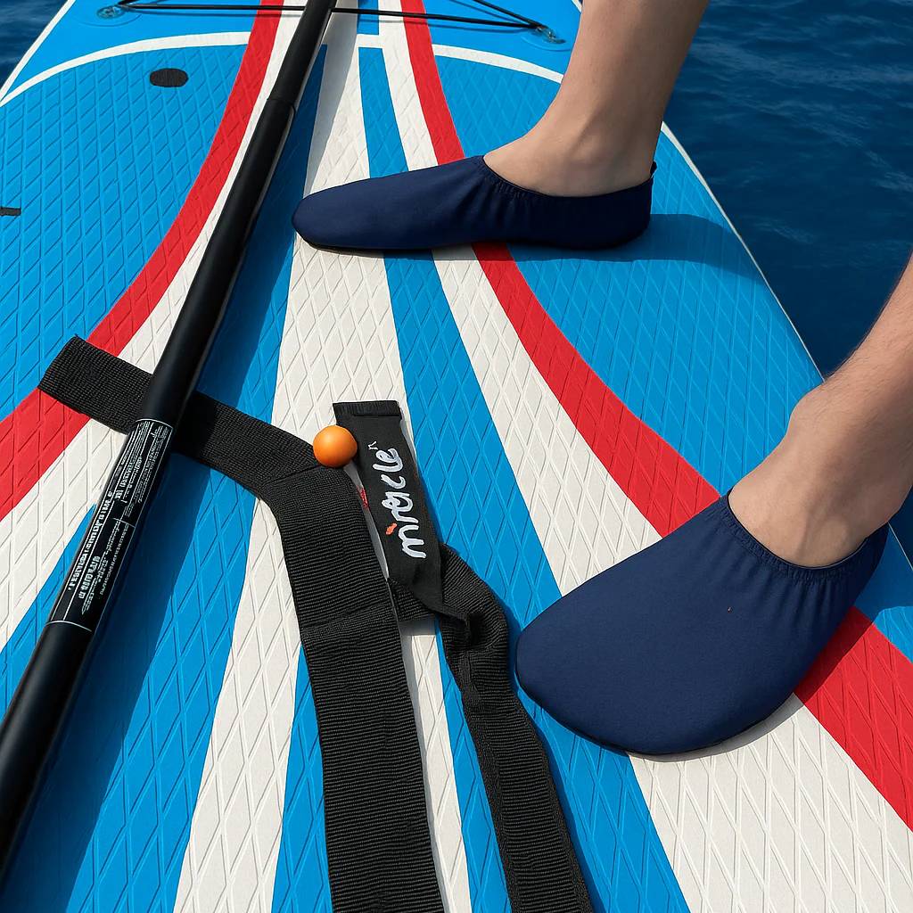 Person wearing navy blue slipfree shoes on a red, white, and blue striped paddleboard with a paddle.