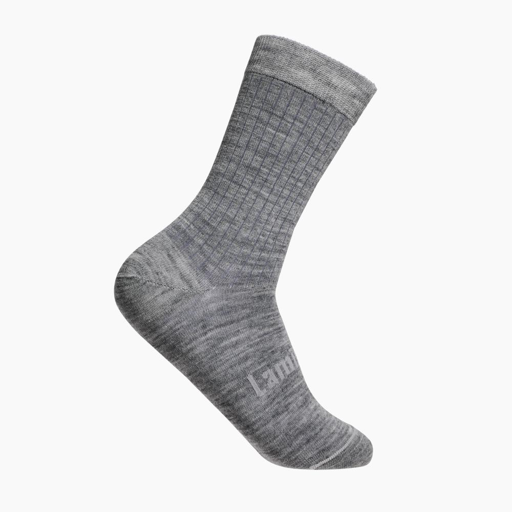 Grey rib merino crew socks on a white background