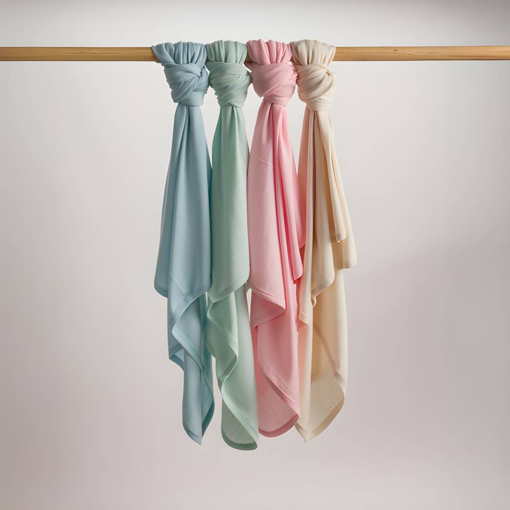 Three pastel-colored deluxe rib merino swaddles hanging on a wooden rod against a light background