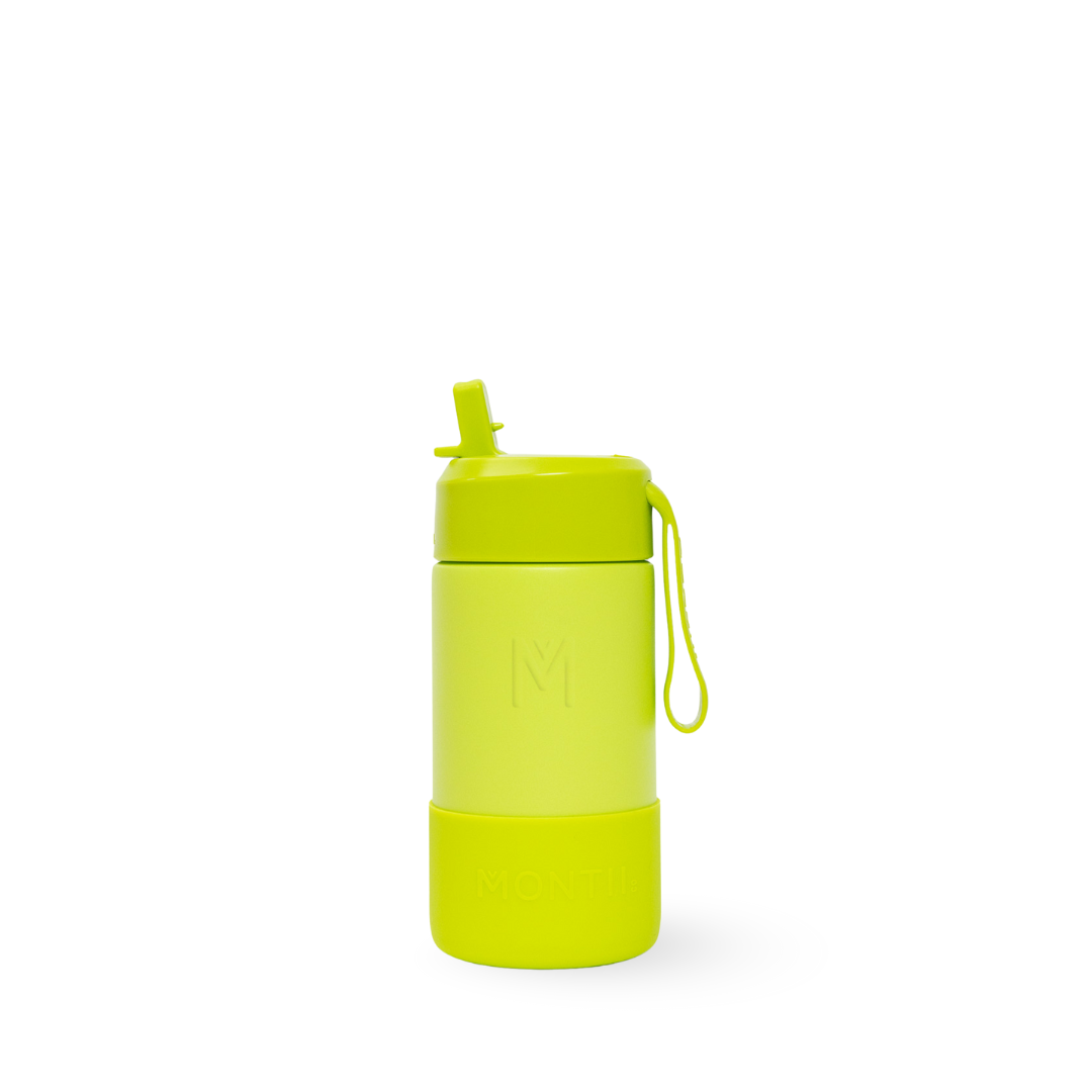 green complete Montiico flip top straw stainless steel water bottle with silicone bumper