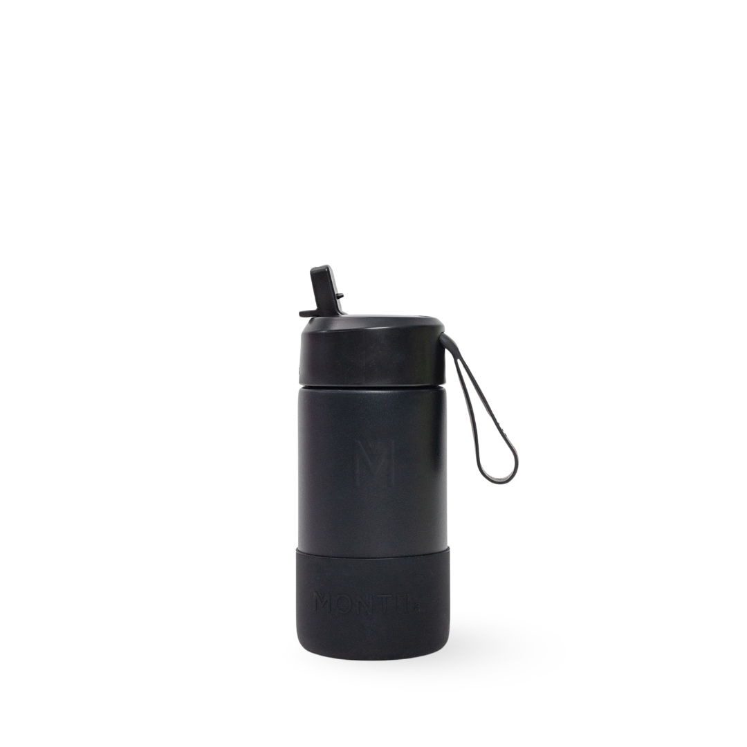 black complete Montiico flip top straw stainless steel water bottle with silicone bumper
