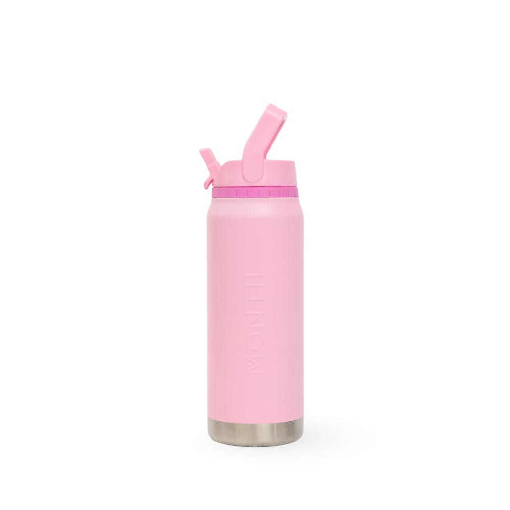 A pink insulated water bottle with a matching pink flip-top lid and a silver stainless steel base, shown on a clean white background.