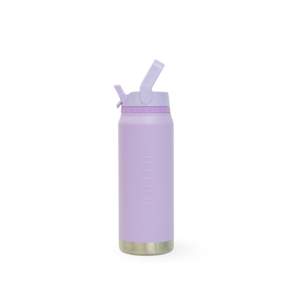 A light purple insulated water bottle with a matching purple flip-top lid and a silver metal base, shown on a plain white background.
