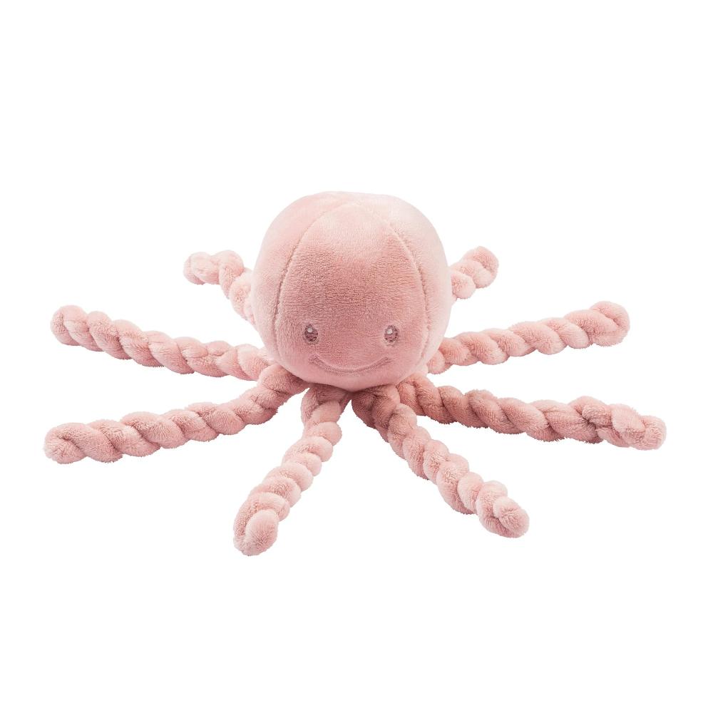 Pink plush octopus toy on a white background