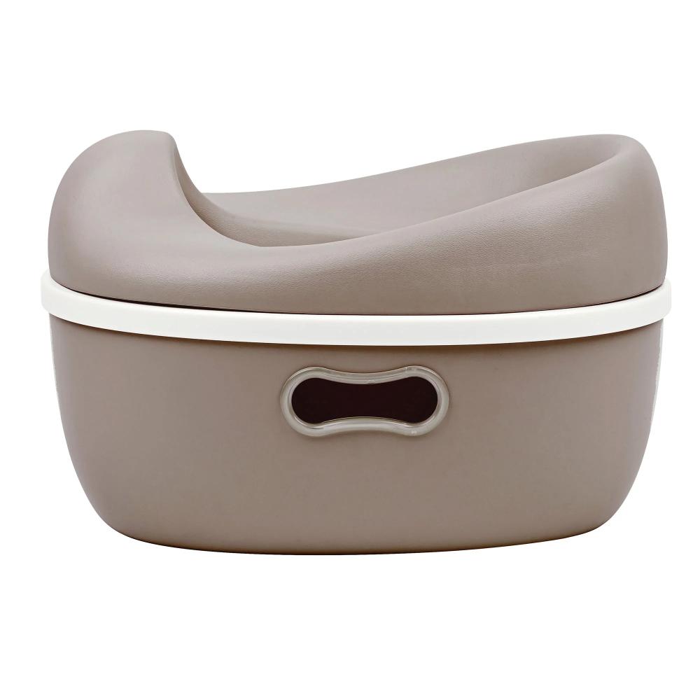 Taupe baby seat with white rim on a white background