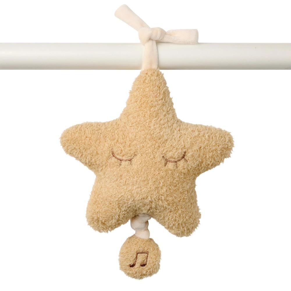 Star-shaped musical plush toy with a music note on a white background