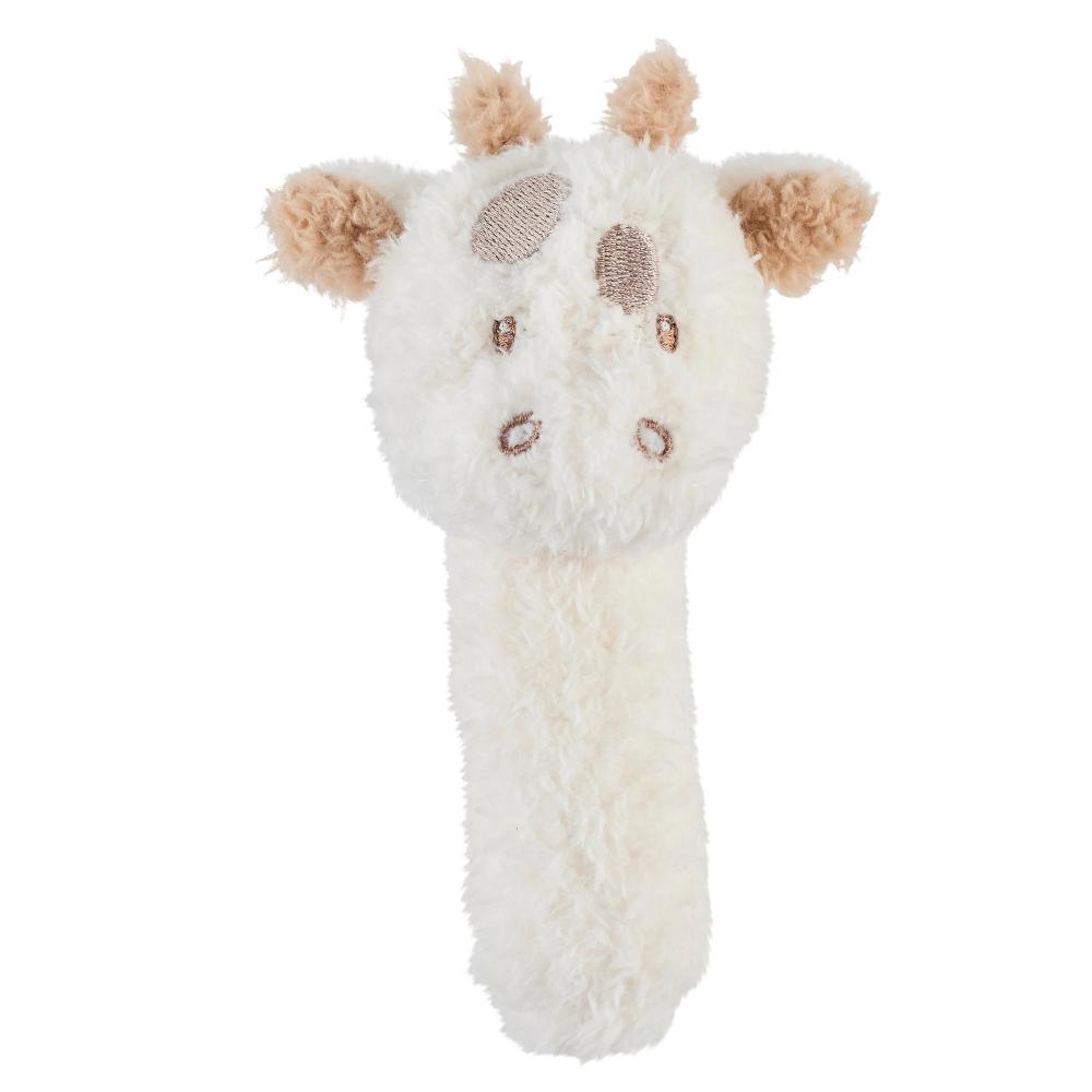 Plush giraffe rattle toy on a white background