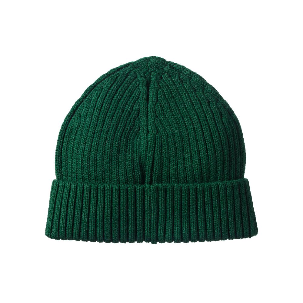 Green chunky knit beanie on a white background
