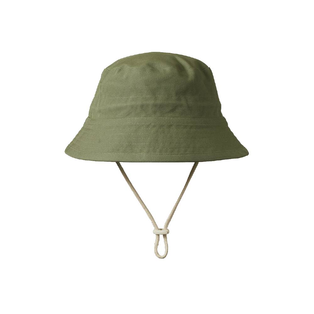 A green cotton bucket sunhat on a white background. 