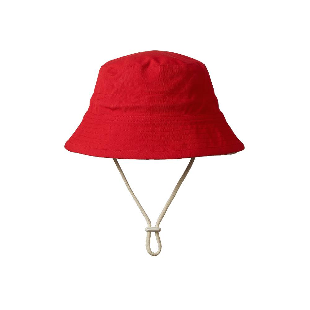 Red bucket hat on  white background. 