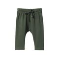 Forest Green baby pants with a drawstring on a white background
