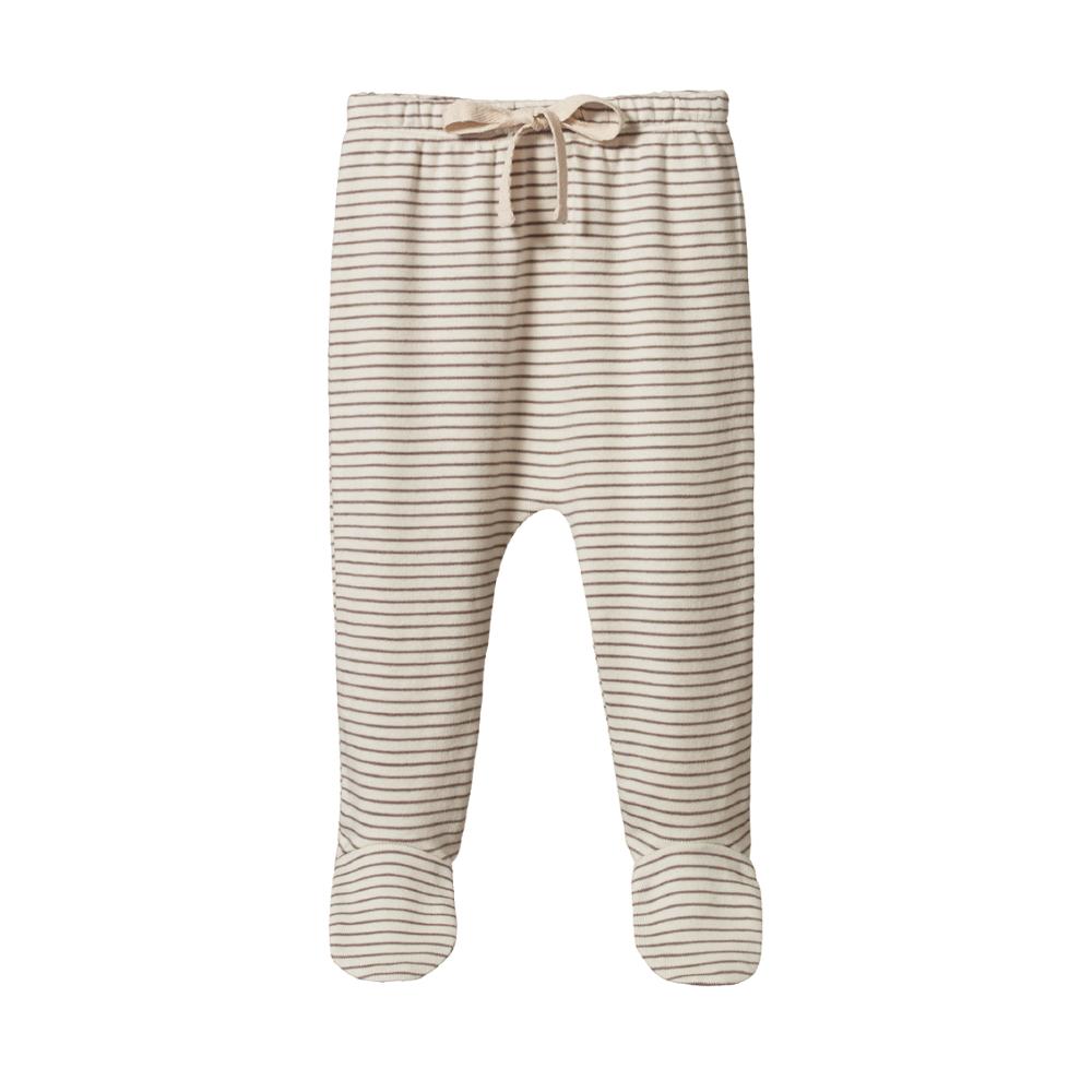 Cream and brown striped footed baby pants with a drawstring on a white background