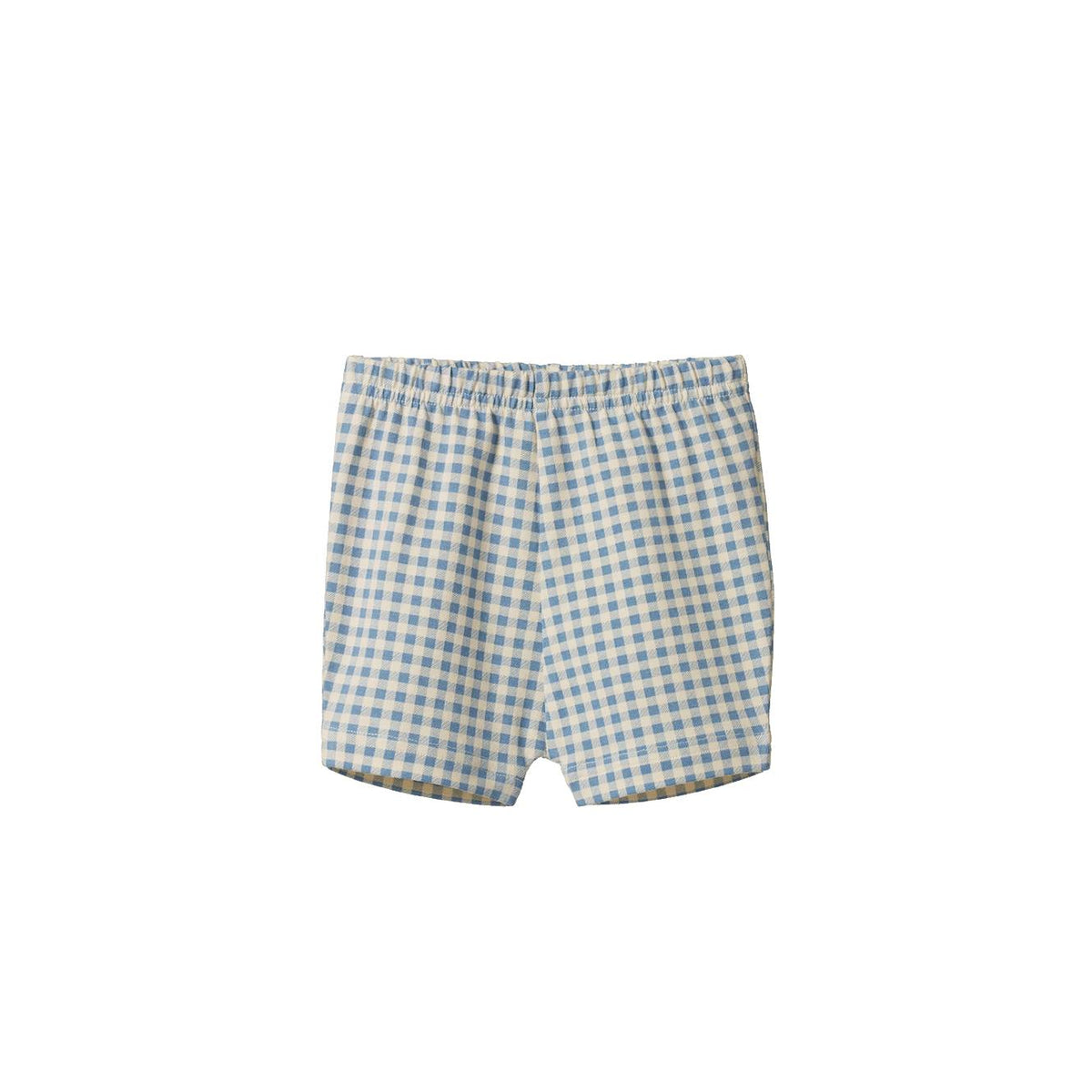 A pair of children's shorts featuring a light blue and cream gingham checkered pattern, displayed flat against a solid white background.