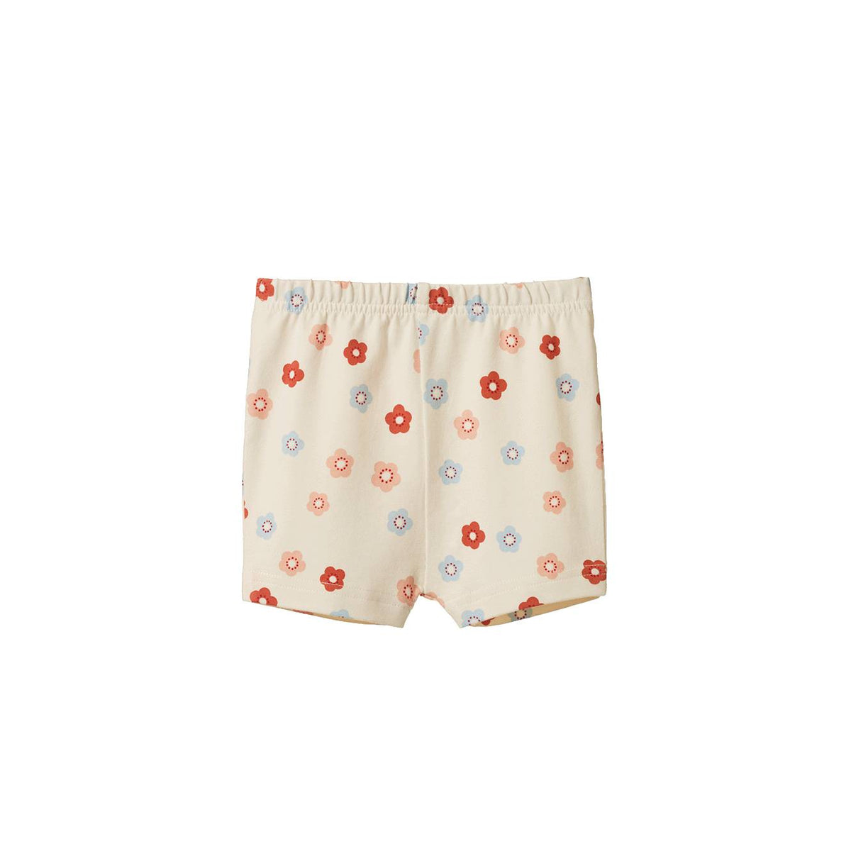 A pair of cream-colored baby shorts with a small floral pattern in red, orange, and light blue, displayed against a solid white background.