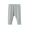 A pair of baby pants featuring a light blue and white gingham checkered pattern, displayed flat against a solid white background.