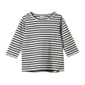 Navy/white striped longsleeve shirt on a white background 