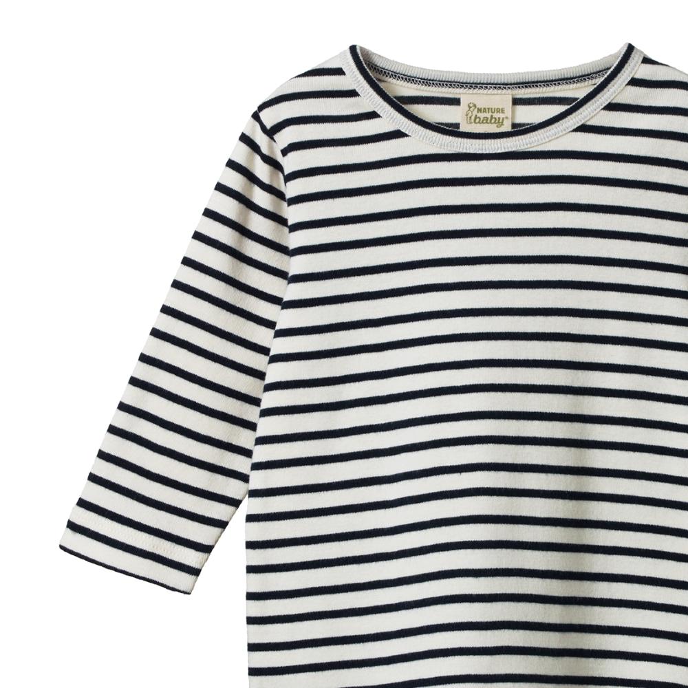 Navy/white Striped long-sleeve shirt with Nature Baby brand logo on a white background