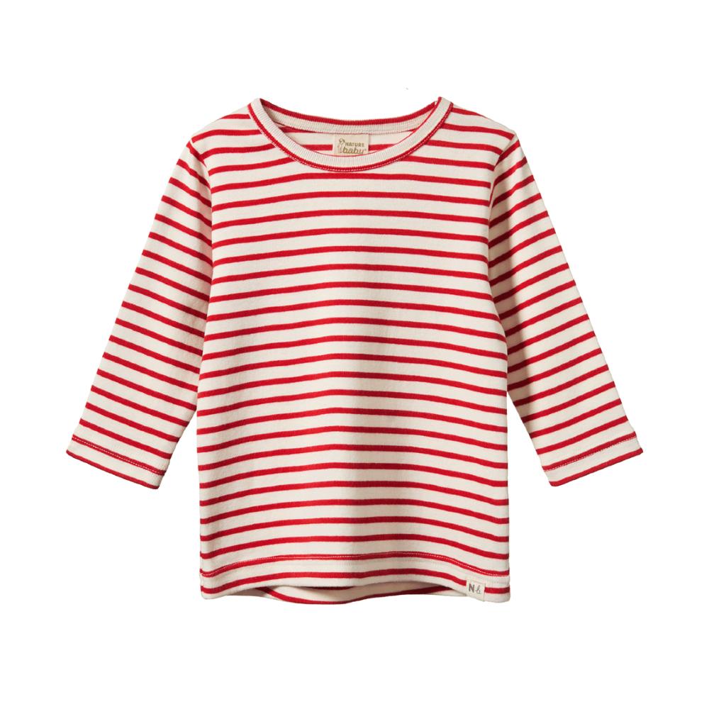 Nature Baby Red and white striped long-sleeve shirt on a white background