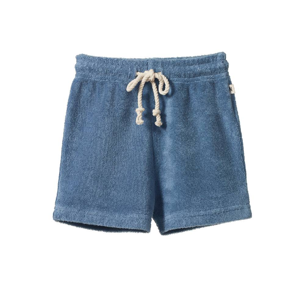 Blue terry shorts with a cream-colored rope drawstring, shown flat on a white background.