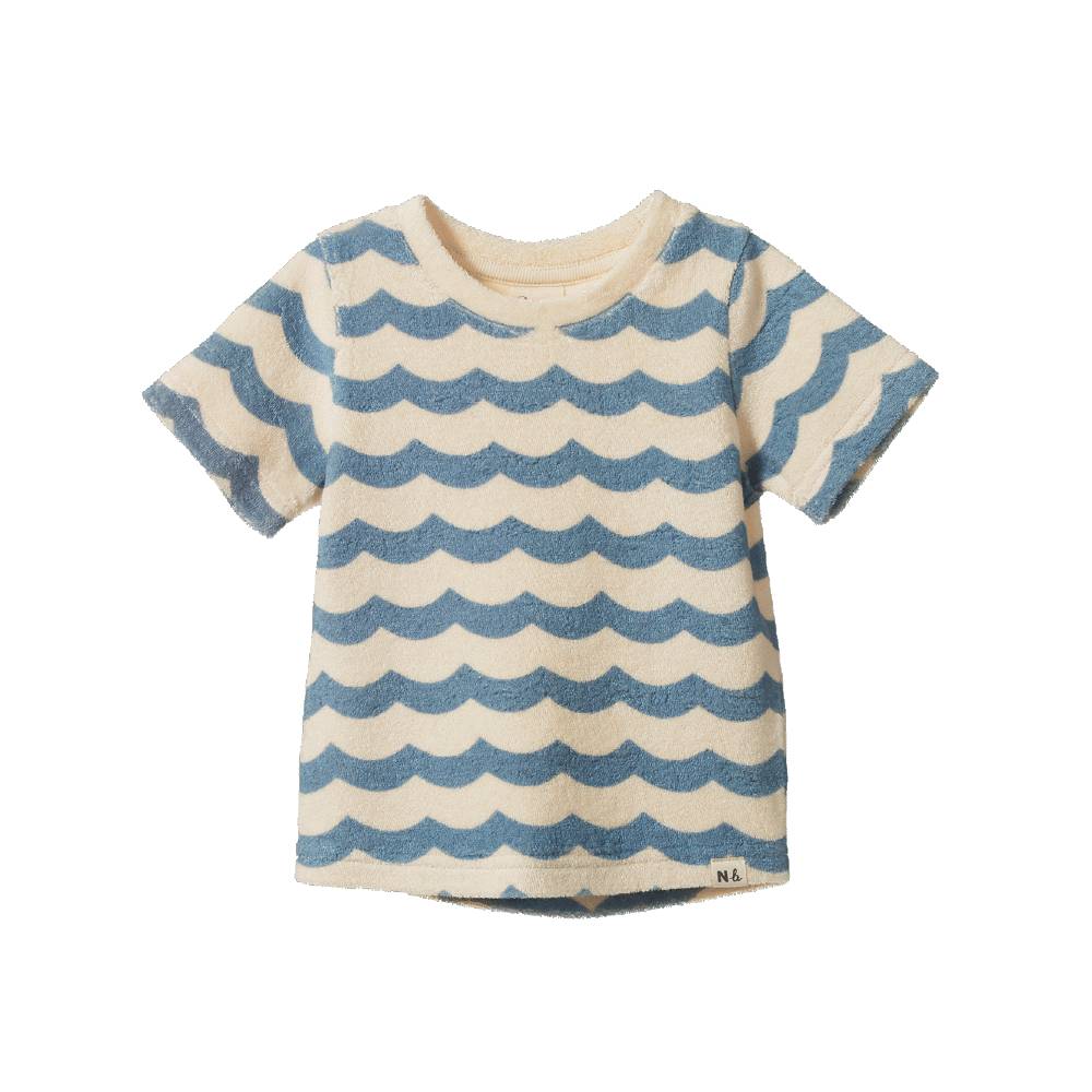 A short-sleeve crewneck t-shirt with a repeating blue and cream wavy horizontal stripe pattern, shown flat against a solid white background.