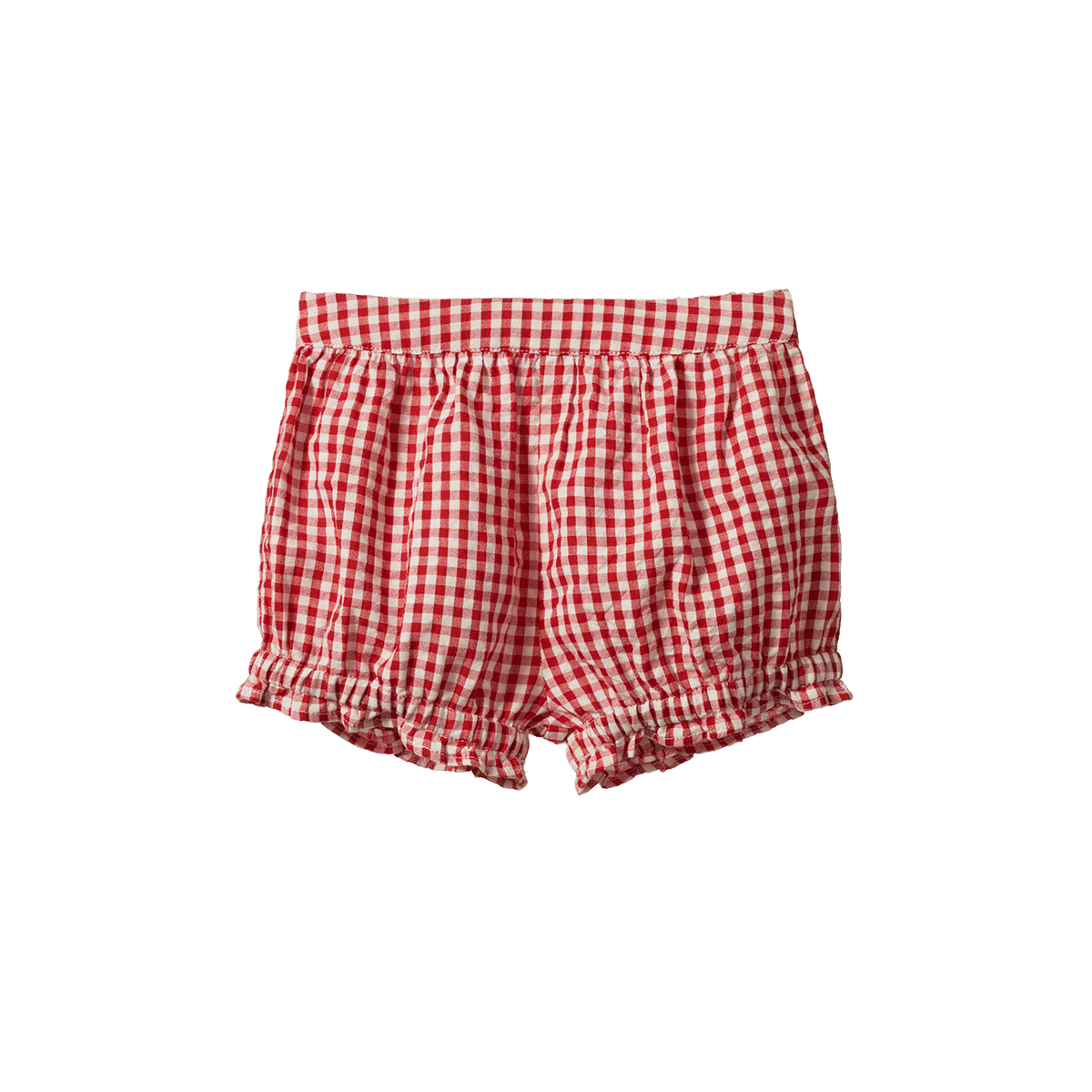 Red and white gingham check bubble shorts with a ruffled elastic waistband and leg openings, shown flat against a white background.