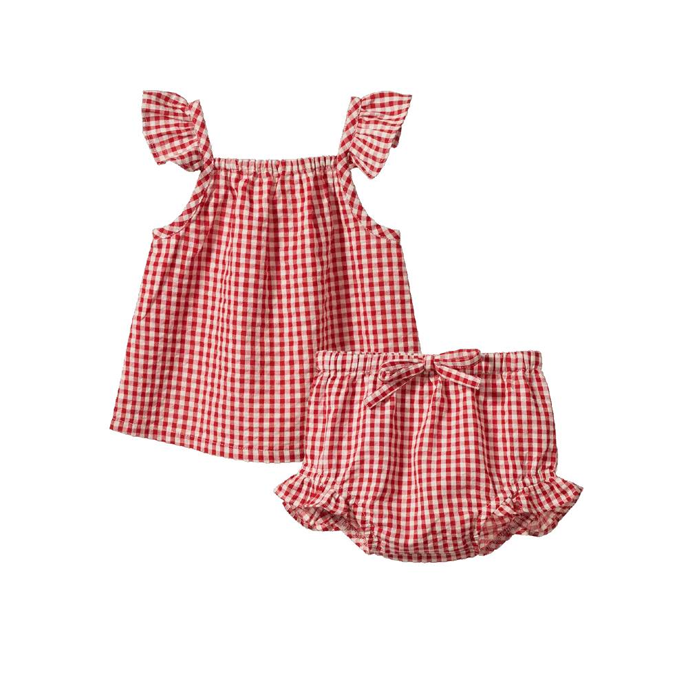 A baby girl's two-piece gingham outfit set featuring a red and white checkered off-the-shoulder top with ruffled straps and matching ruffled bloomers with a bow, displayed on a solid white background.