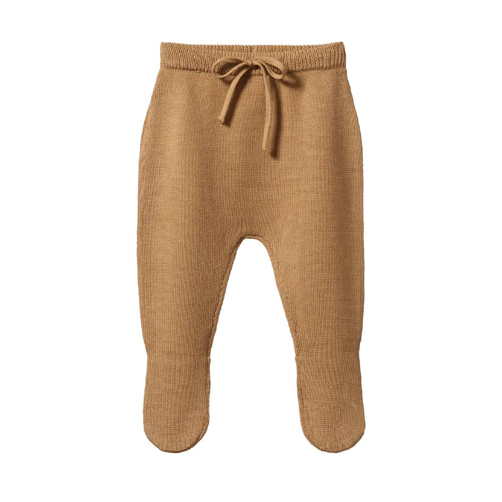 Brown caramel coloured knitted baby pants with a drawstring on a white background