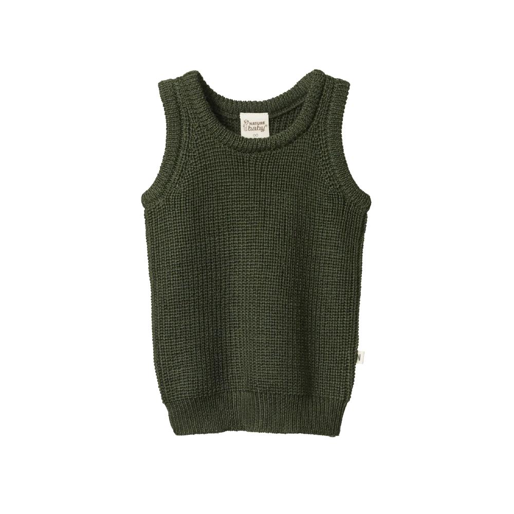 Green merino wool knitted outer vest on a white background