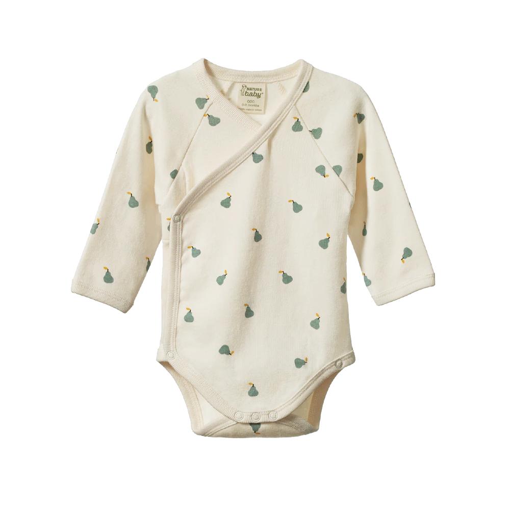 Cream coloured Baby bodysuit with green pear pattern on a white background