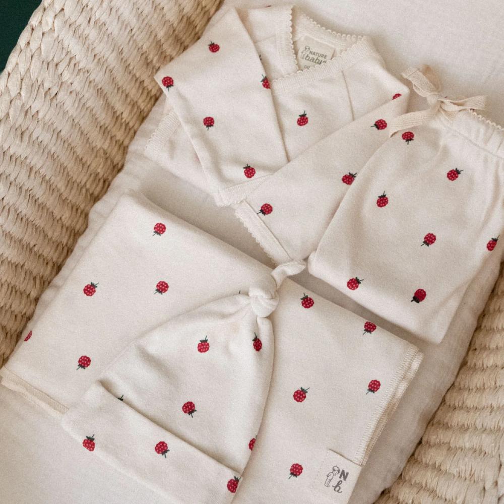 Set of white with raspberry pattern baby clothing set and blanket bundle  in a woven moses basket