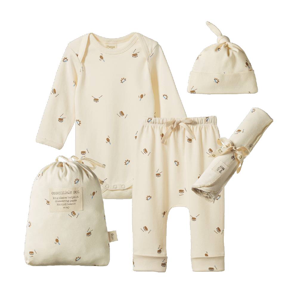 Cotton essentials baby set including a long sleeve bodysuit, knotted beanie, Baby swaddle wrap and leggings. All on a cream base with an instrument all over pattern. 