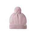 Lilac coloured knit beanie with a pom-pom and cuff on a white background