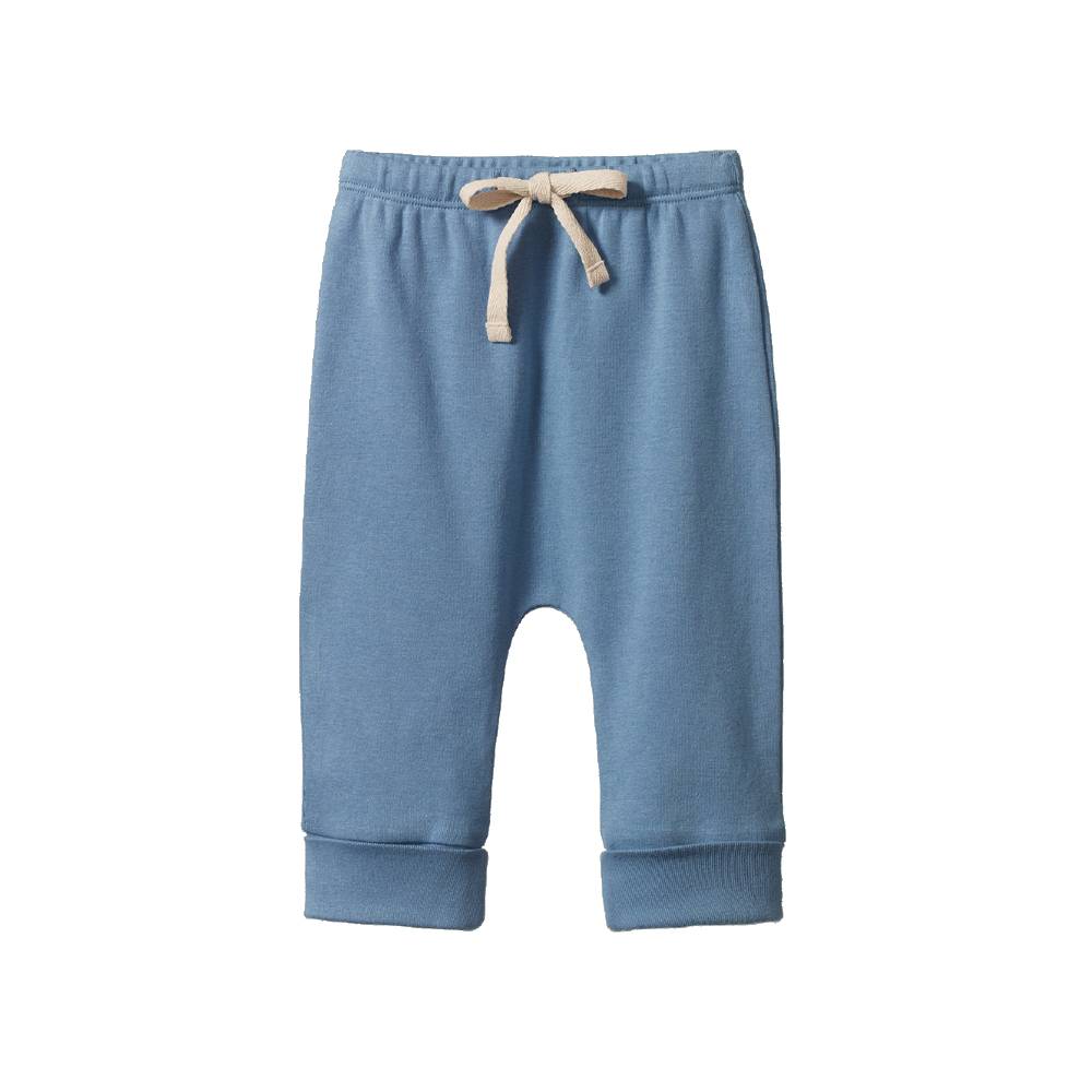 A pair of baby jogger pants in dusty blue, featuring a cuffed ankle, an elastic waistband, and a beige drawstring tied in a bow at the front.