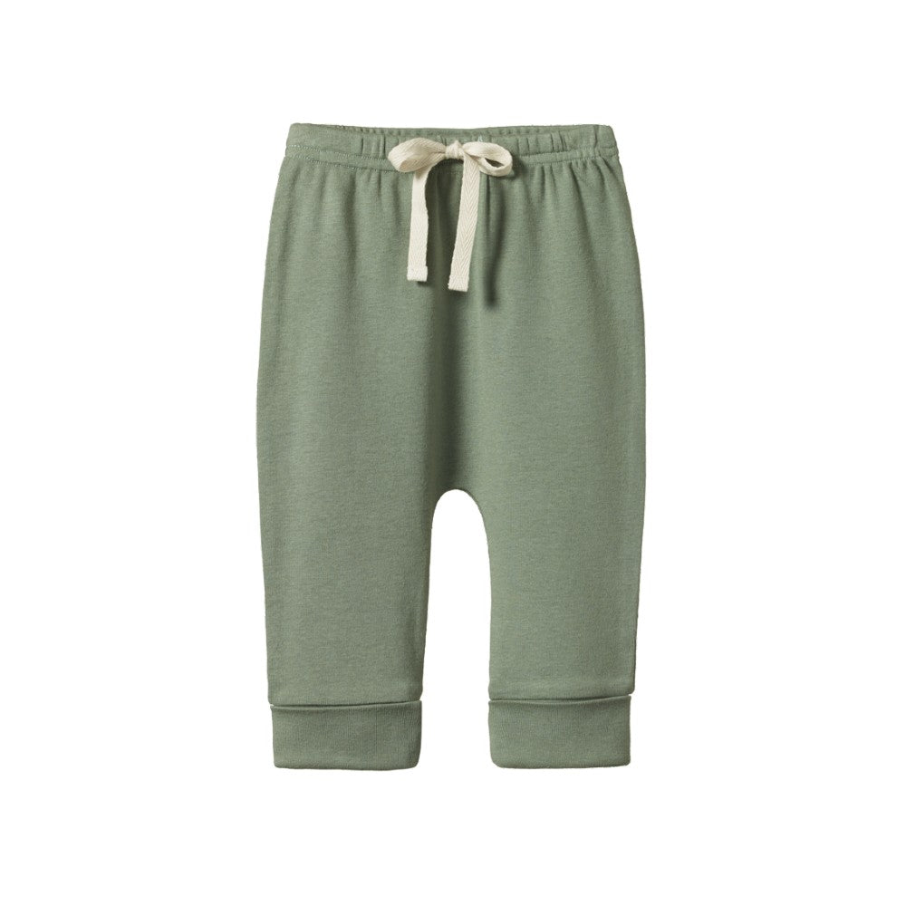 Green nature baby cotton baby pants with a drawstring on a white background