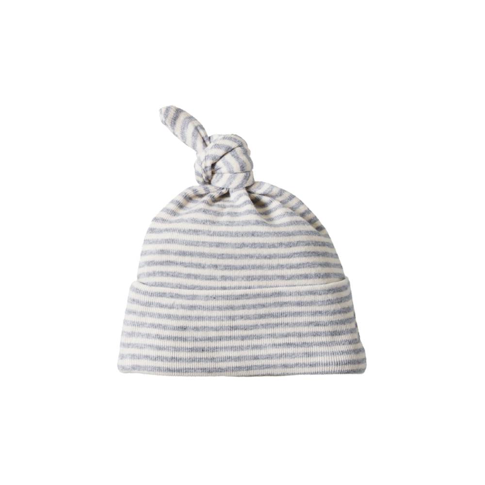 Grey and white Striped cotton baby hat with knotted top on a white background