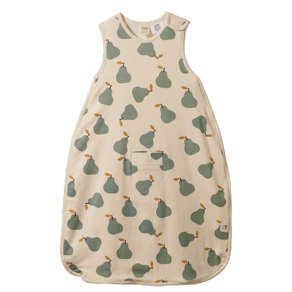 Baby sleeping bag with a cream base and pear pattern, on a white background. 