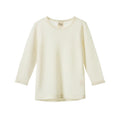 Cream-colored organic merino wool long-sleeve pointelle top on a white background