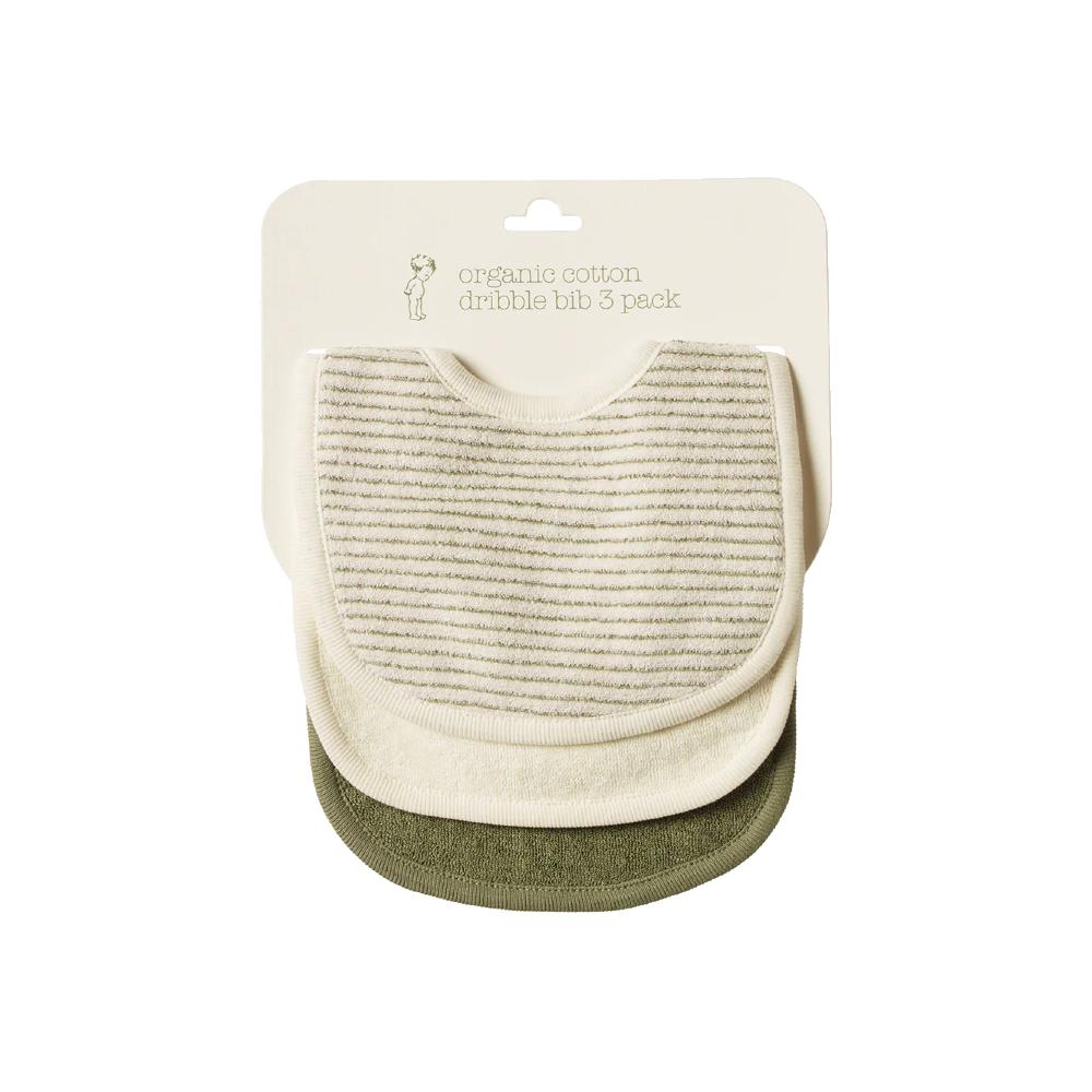 Three organic cotton towelling bibs in cream, green striped and khaki green on a white background