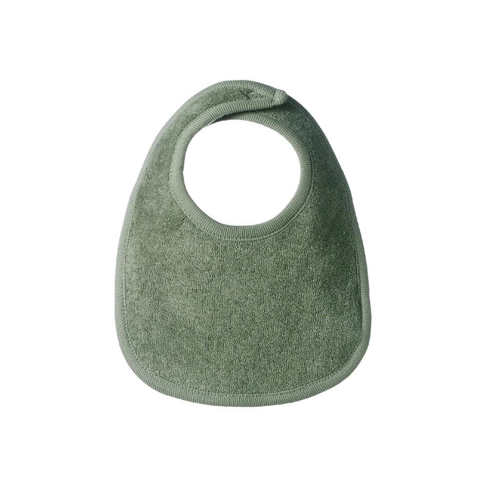 Green cotton towelling baby bib on a white background