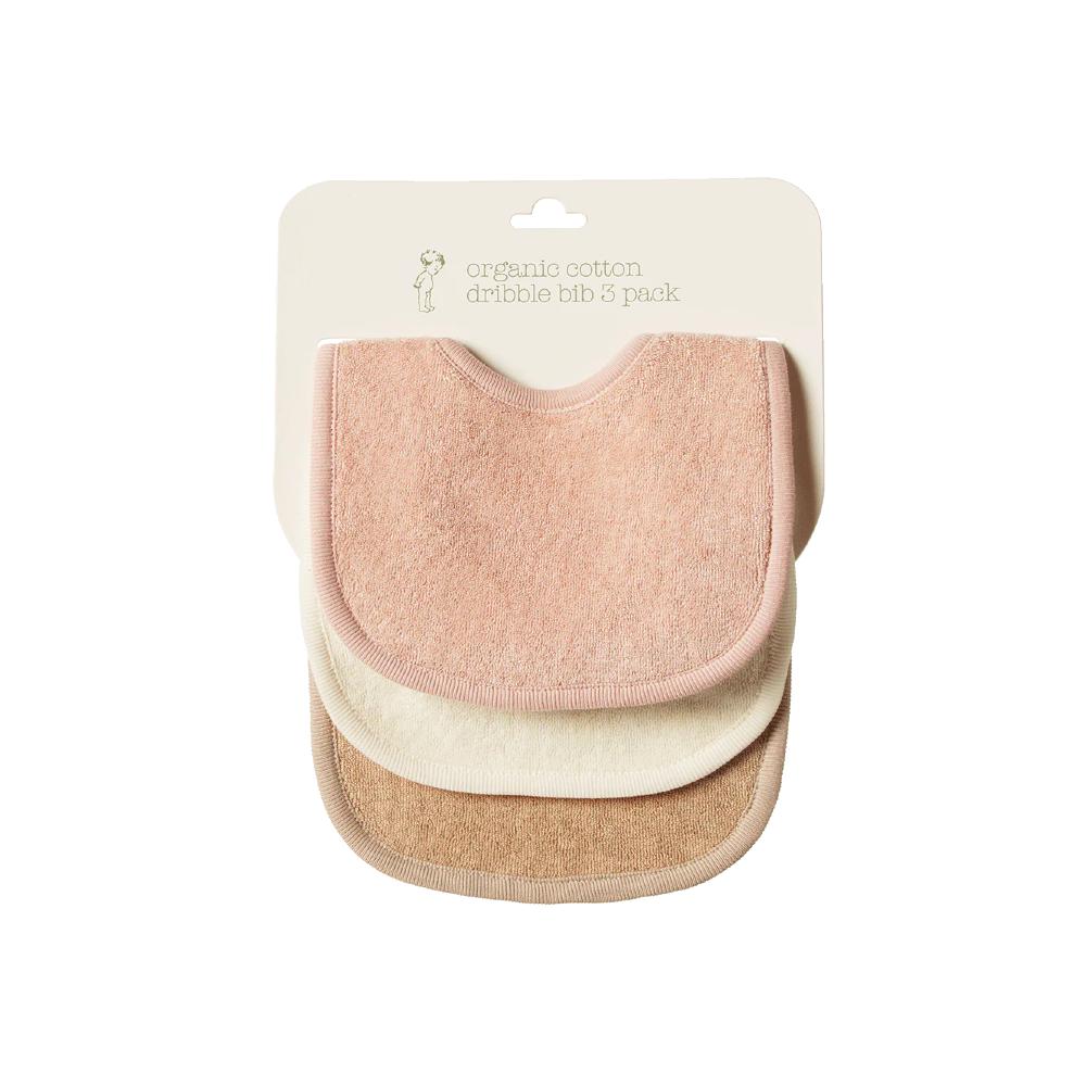 Three organic cotton dribble bibs in pink, cream and beige on a white background with nature baby packaging.