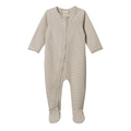 Brown and cream striped organic cotton jersey baby zip onesie with feet on a white background