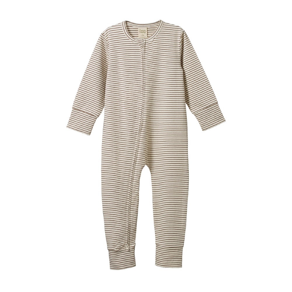 Brown and cream Striped baby zip onesie without feet on a white background