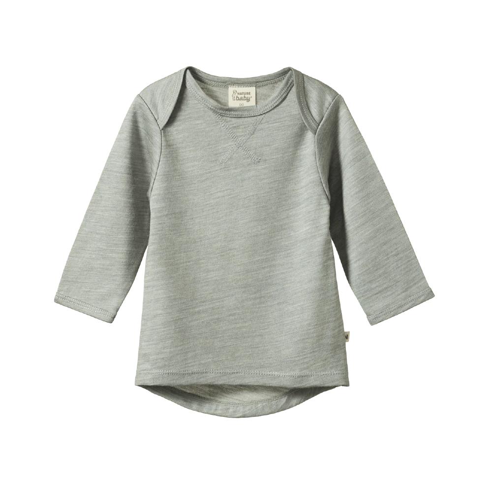 Gray merino baby long sleeve shirt with envelope neckline on a white background