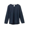 Navy blue merino long-sleeve shirt with crew neck on a white background