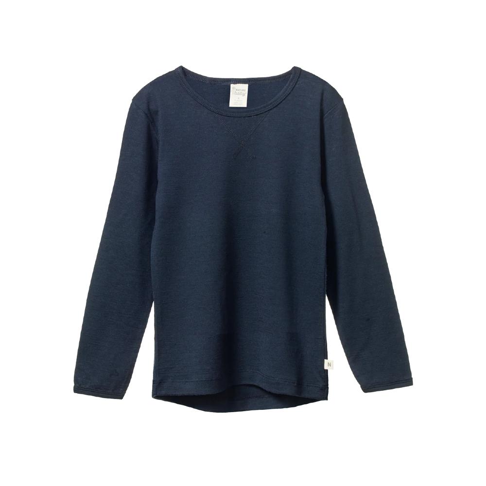Navy blue merino long-sleeve shirt with crew neck on a white background