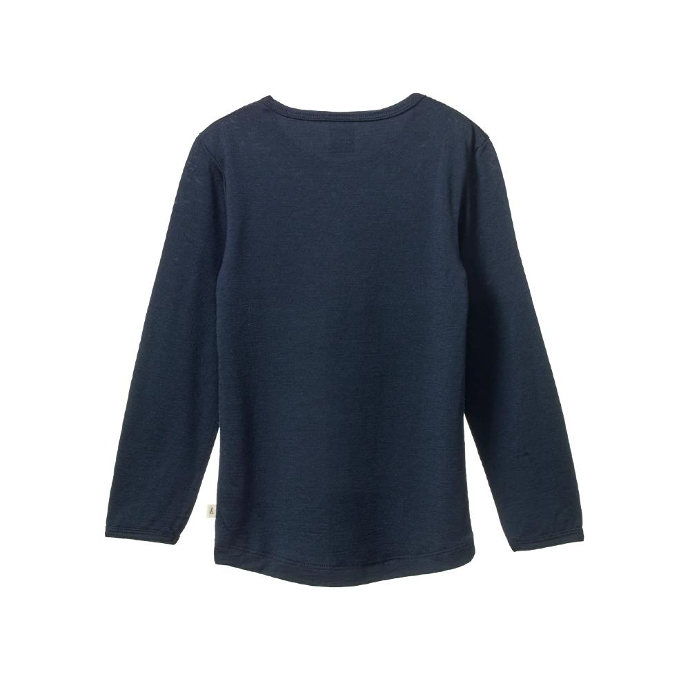 Navy merino long-sleeve shirt on a white background